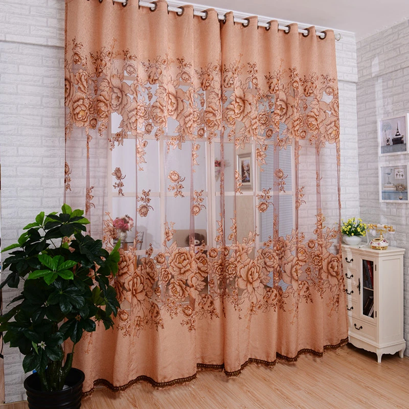 1Pc Window Curtain Luxurious Upscale Jacquard Yarn Curtains Peony Pattern Voile Door Window Curtains Living Room Bedroom Decor