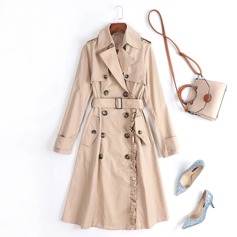 

Europe And America Fashion Casual Trench Coat Women's 2019 Autumn And Winter New Style Suit Collar Frilled Joint Long Sleeve Sli