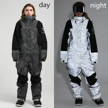 GSOU SNOW One Piece Ski Suit Windproof Waterproof Jumpsuit Winter Clothing Night Show Single Couple Snowboard Super Warm Suit