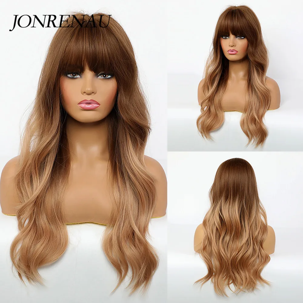 

JONRENAU Synthetic Dark Root Ombre Brown Cosplay Wigs with Bangs Long Wavy Cosplay Wigs for White/Black Women Party Wear