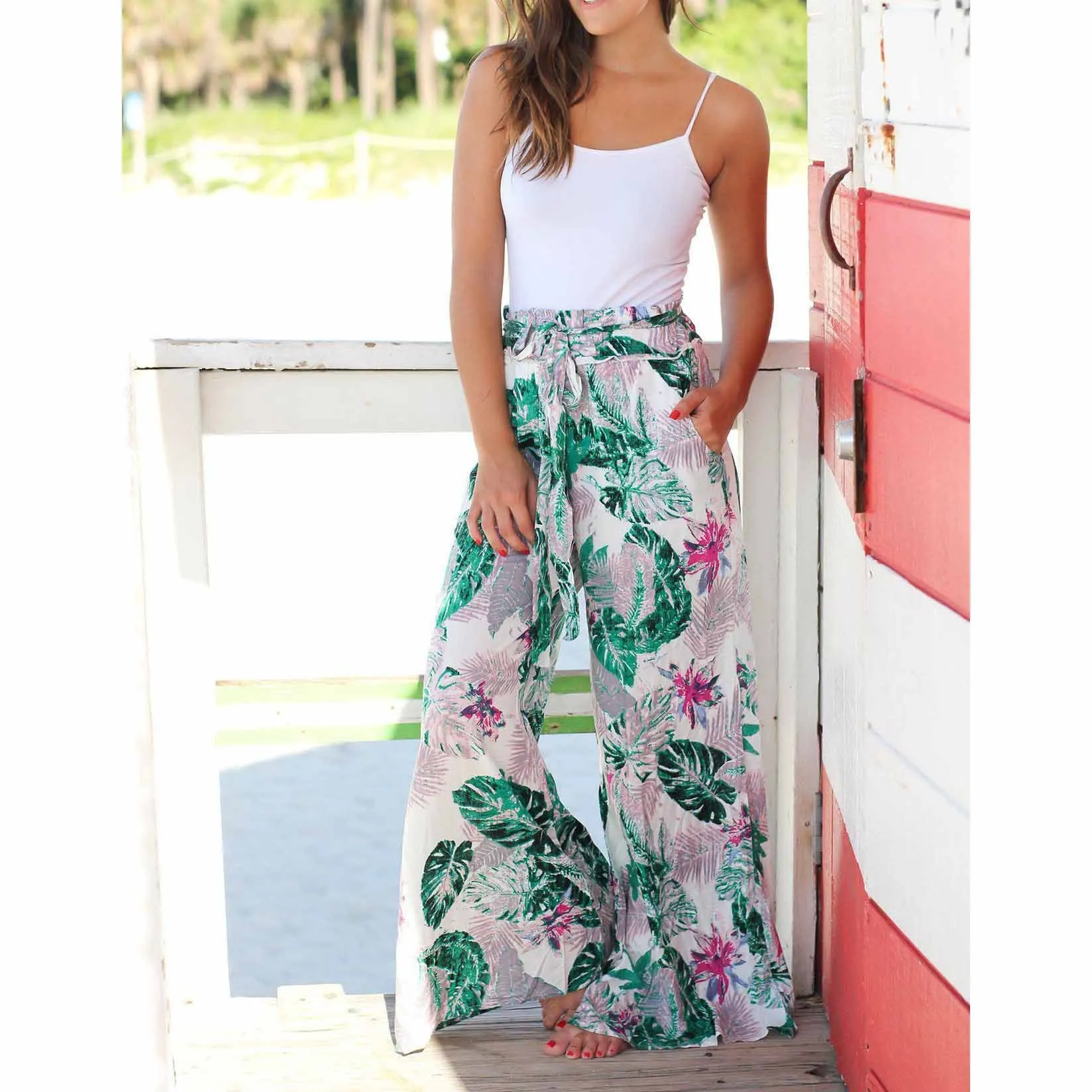 Модные красивые летние женские широкие брюки Boho свободные на шнуровке пляжные
