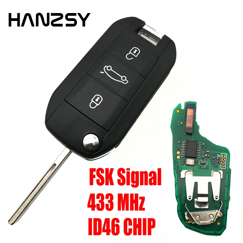 HANZSY ID46 Chip 433MHz for Peugeot 208 2008 301 308 3008 408 4008 508 5008 3 Buttons Car Remote Key HU83/VA2 Blade