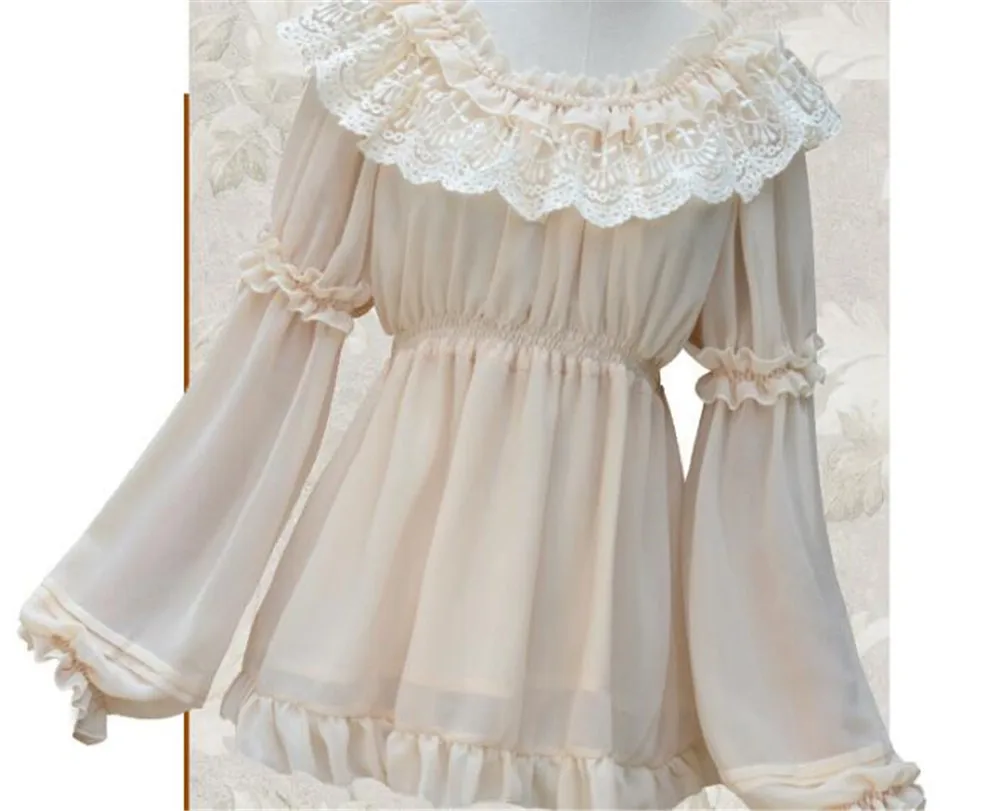 Милая женская шифоновая блузка в стиле Лолиты с длинными рукавами-фонариками винтажный топ с открытыми плечами B314