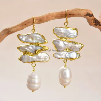 

GG Jewelry White Keshi Biwa Pearl Rice Pearl Gold Plated Hook Earrings