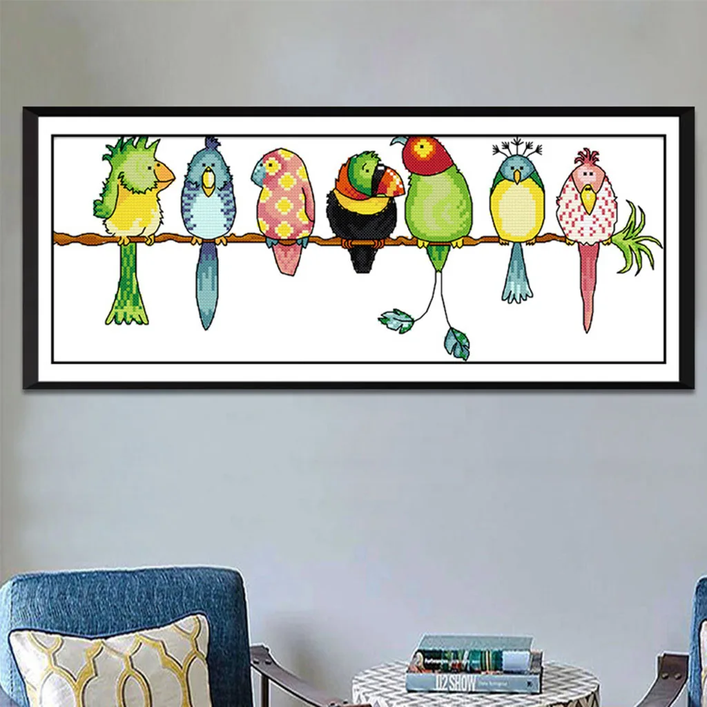 Cute Colorful Parrots Birds DIY Stamped Cross Stitch Kit Pre-printed Pattern Beautiful Scenery Christmas Gift Home Decoration