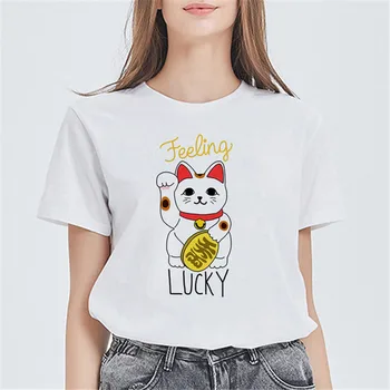 

LUSLOS Cute Kawaii Japacese Lucky Cat Printed Summer Women T Shirts Harajuku Maneki Neko Graphic Tees Femme Streetwear T-shirts