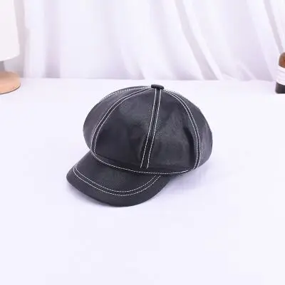 Женские Модные одноцветные Восьмиугольные шапки из искусственной кожи, осенне-зимние шапки, женские повседневные винтажные головные уборы в английском стиле, аксессуары - Цвет: black