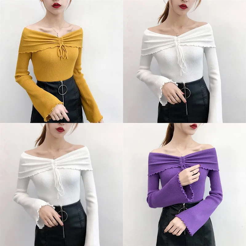 

2019 Women Knit Pullover Sweaters Slim Ruched Off Shoulder sexy Sweater Ladies Fashion Flare Long Sleeve Solid slim Sweater #25
