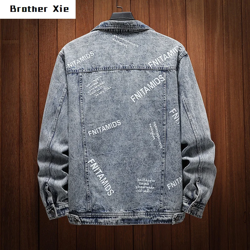 

Denim Jacket Men Slim Fashion Washed Letter Print Casual Denim Jacket Man Streetwear Hip Hop Bomber Jacket Male Clothes M-3XL