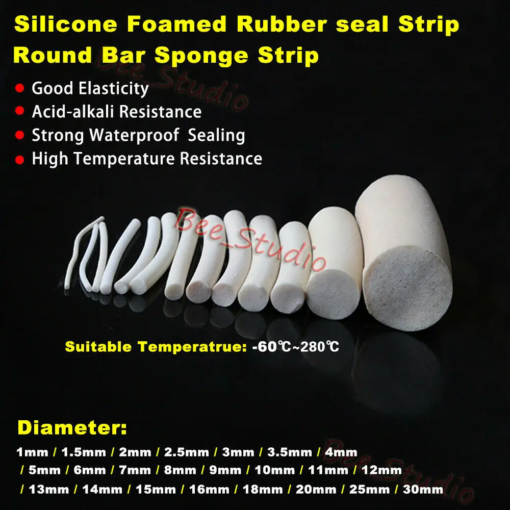Waterproof Foamed Silicone Rubber Seal Strip Silicon Sponge Cord Round Solid VMQ Foaming Cord Dia.1/2/3/4/4.5/5/6/7/8/9/10-30mm