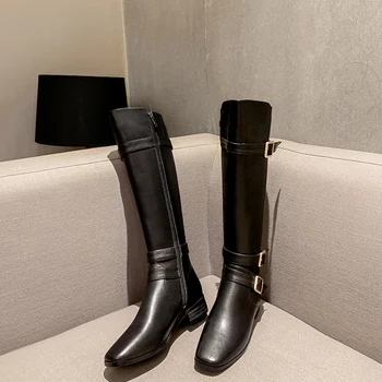 

Concise buckle Thick low Heels boots Genuine Leather Knee-High Ladies Boots Square Toe Winter Party Basic Shoes Woman