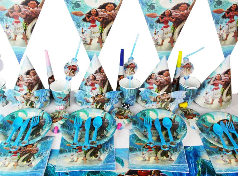 

132pcs/bag Flags Tablecloth Straws Cups Plates Forks Moana And Other Party Supplies Kids Birthday Tableware Decoration favors
