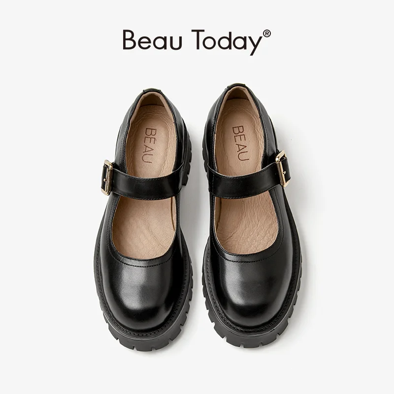 

BeauToday-Lolita shoes for women, genuine cow leather, Mary Janes round toe, platform, strap metal buckle, handmade, FS28414