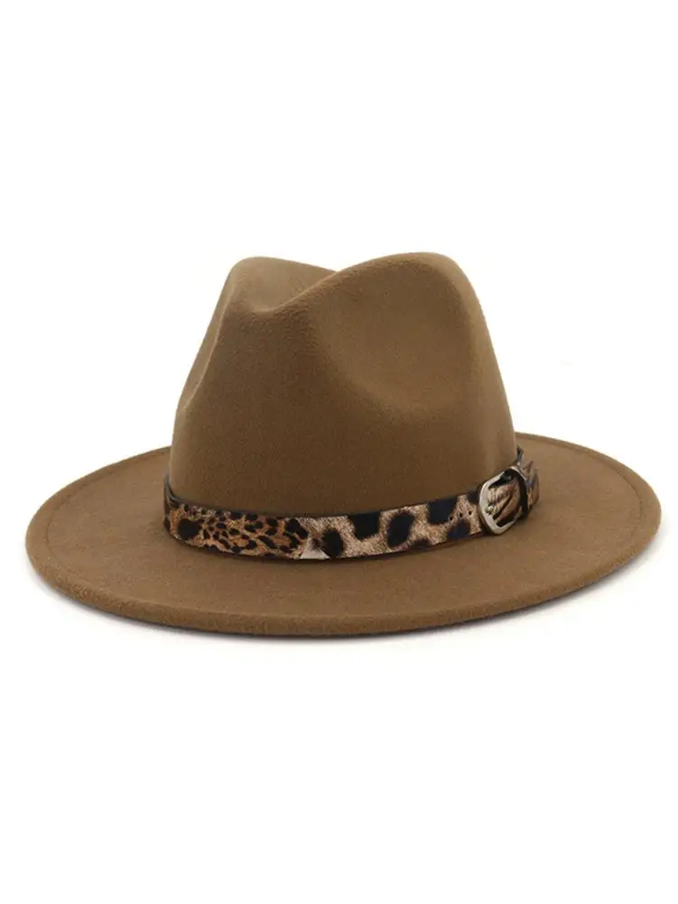 New Women Wool Hat Gentleman Elegant Lady Winter Autumn Wide Brim Leopard Hat Women Gentleman's Cap Woolen Hat