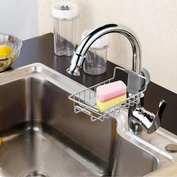 

Sponge Holder, Adjustable Stainless Steel Faucet Mounted Sponge Holder For Kitchen Sink Caddy Soap Brush Dishwashing Liquid Drai