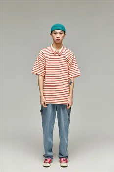 

Striped loose small fresh lapel men's polo-shirt 2019 new Polo collar short-sleeved couple Tee
