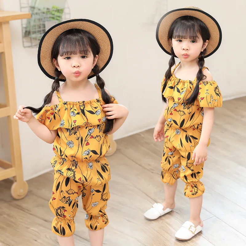 

Baby Girls Summer Wear Horizontal Neck Chiffon Floral Set 2018 Summer New Products Children off-Shoulder Two-Piece Set