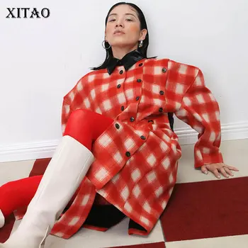 

XITAO Plaid Split Triple Breast Wide Waist Turn Down Collar Full Sleeve Long Casual Loose 2019 Winter Loose Split Coat GCC2858