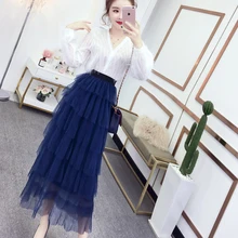 2020 New Spring Summer Women Skirt Vintage Casual Fashion Layer Ruffles Pleated Tulle Slim Fit Mesh Hight Waist Long Skirt