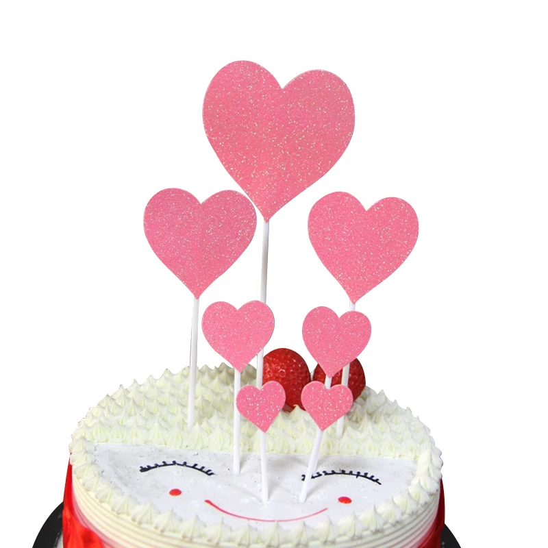 7pcs Red Gold Heart Shape Cake Topper Cupcake Topper Cake Decorations For Wedding Birthday Party Decoration - Color: pink