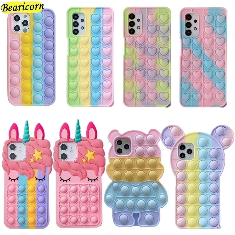 silicone cover with s pen Pop Bubble Fidget Toys Case For Samsung Galaxy S21 S20 FE S10 S9 Plus Note 9 10 20 Ultra 5G Rainbow Beans Cartoon Unicorn Cover samsung flip phone cute