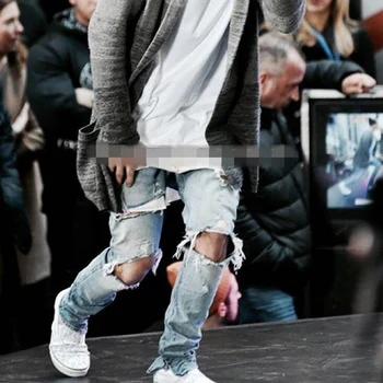 

Europe and America high street hole damage jeans straight pants tide male large size denim big hole pants feet with zipper