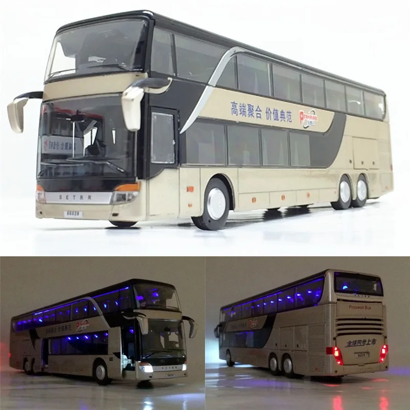 

High Quality 1:32 Alloy Pull Back Bus Model Imitation Double Sightseeing Flash Vehicle Car Model Toy Store
