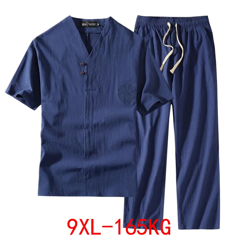 Men's Clothing Large Size Tracksuit Husband 2021 Summer Suit Linen t-shirt Fashion Male Set Chinese Style 8XL 9XL plus Two Piece