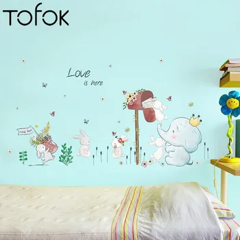 

Tofok Elephant Rabbit Receiving Mail Creative Background DIY Wall Sticker For Kids Home Bedroom Bedside Kindergarten Decoration