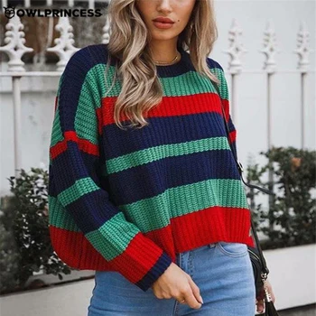

Daily suit OWLPRINCESS Pink Stripe Knitted Sweater Long Sleeve Loose Women's Sweaters Warm And Comfortable Pullover Femme