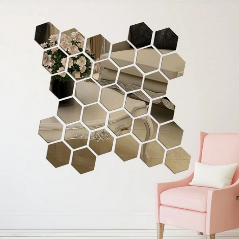 12pcs 3D acrylic hexagonal mirror wall stickers detachable DIY art home decoration living room dining room wall stickers 4