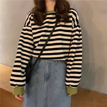 

2020 Spring Autumn Harajuku Loose Sweatshirts Women Casual Loose O Neck Drop Shoulder Striped Hoodies Student Chic Simple Tops