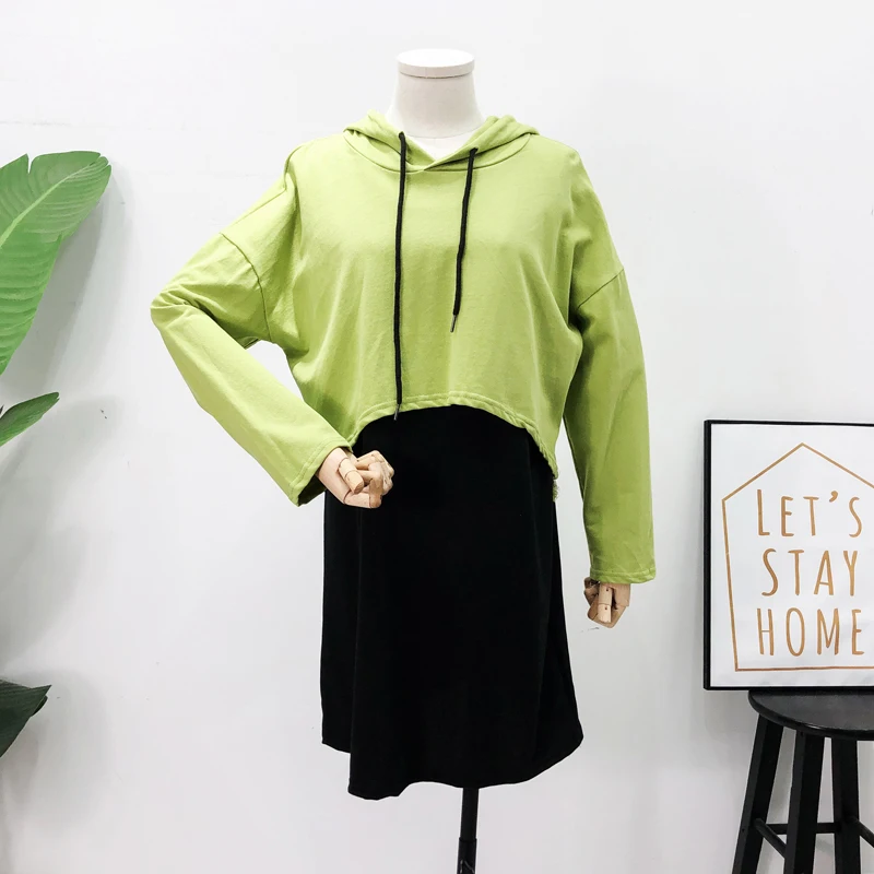 

Mooirue Tracksuit Women Autumn Winter Solid Casual Hooded Pullovers+black Loose Tank Dress Vintage Streetwear 2 Piece Set Women