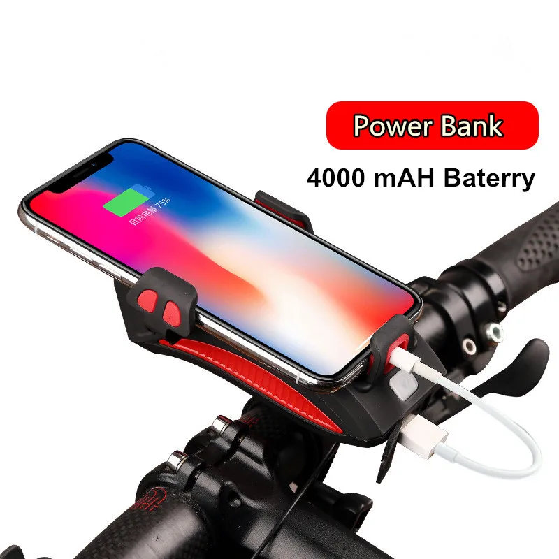 Perfect Waterproof Bicycle Front Lights 4 in1  Phone Holder Bike Horn USB Rechargeable Cycling  Flashlight With Power Bank Hiking tools 2