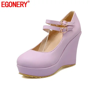 

EGONERY women fashion high heels platforms wedges round toe ladies double ankle strap sexy shoes autumn new style party heels