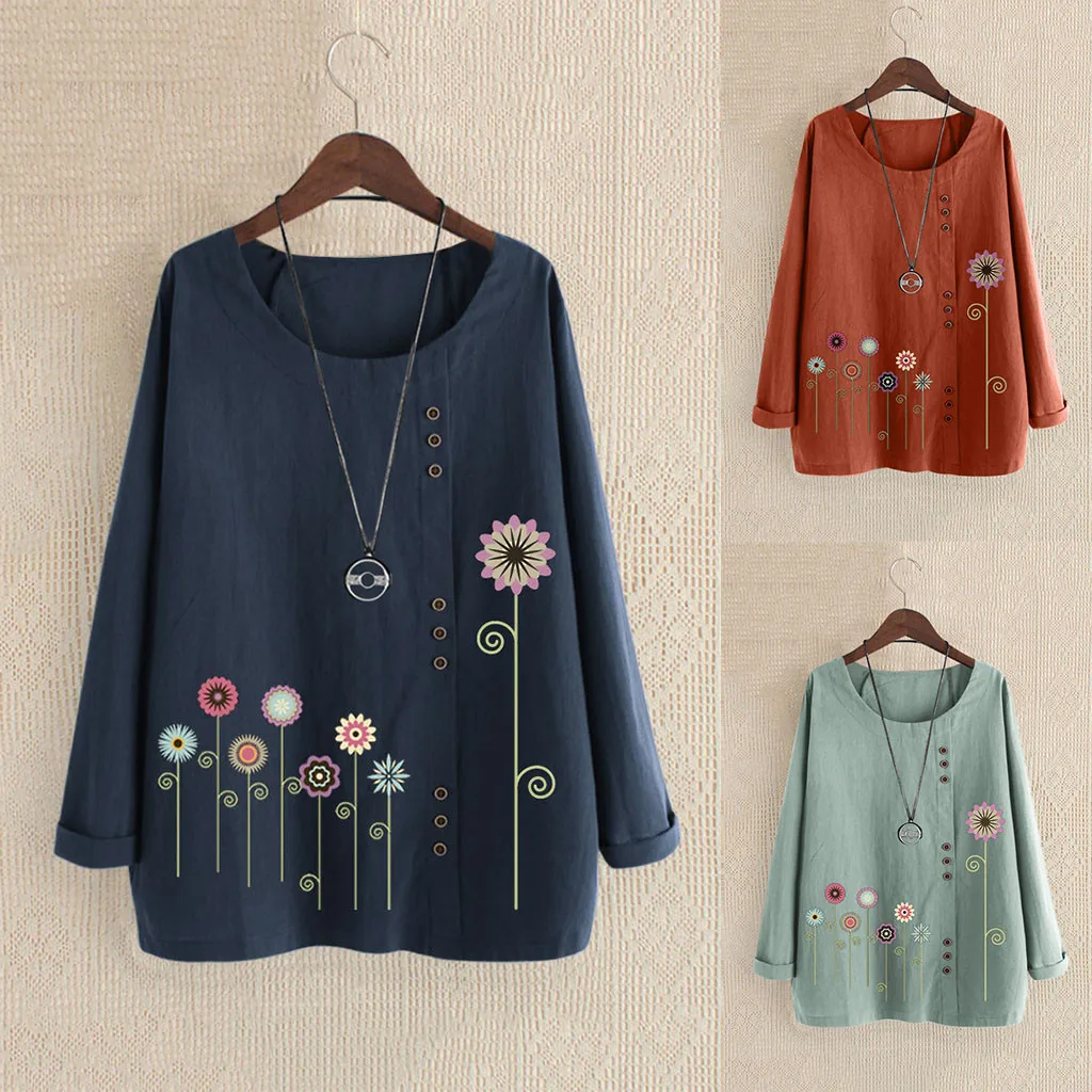

Women Blouses Plus Size Casual O-Neck Print Loose Button Long Sleeve Blouse Tops Blusas Mujer De Moda 2019 рубашка женская #T20G