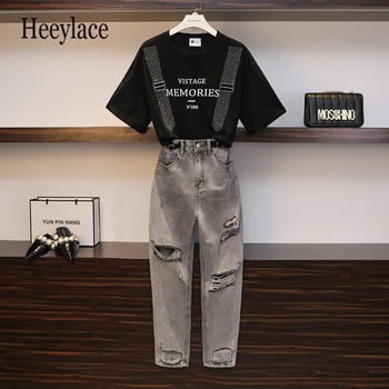 

Plus Size 2020 Women High Waist Jeans with Shoulders Straps Casual Women Solid T-shirt Jeans pant 2 Pieces Women Set S-4XL