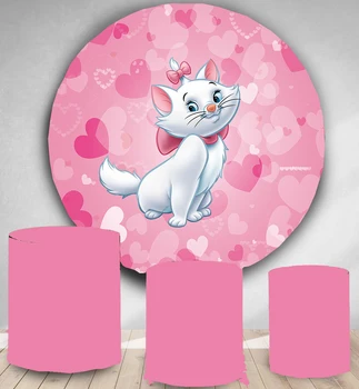 

Round Circle Backdrop Photo Background Pink Heart Girl Cartoon Cat Birthday Party Decor Baby Shower Candy Dessert Table