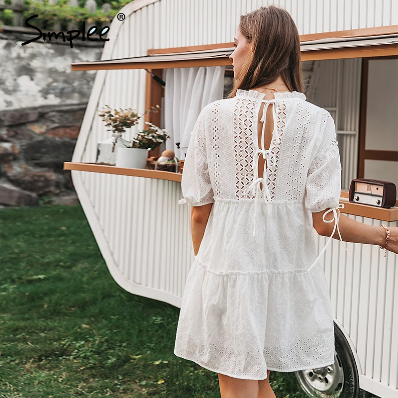 Simplee embroidery lace up bow white dress women summer beach vintage dresses ruffles short puff ladies party dress vestidos Simplee embroidery lace up bow white dress women summer beach vintage dresses ruffles short puff ladies party dress vestidos
