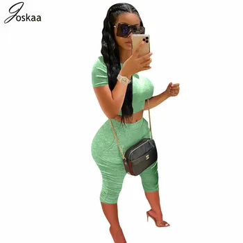 

Joskaa Solid Short sleeve O Neck Two Piece Set Summer Clothes Women Crop Top Stacked Pants High Waisted Biker Shorts Tracksuit