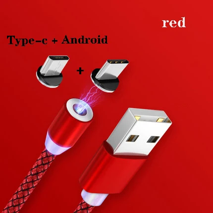Магнитный usb-кабель 1 м 2 м, кабель для быстрой зарядки USB типа C, Магнитный зарядный кабель Micro usb для зарядки и передачи данных, кабель USB для мобильного телефона - Цвет: red Two heads 2