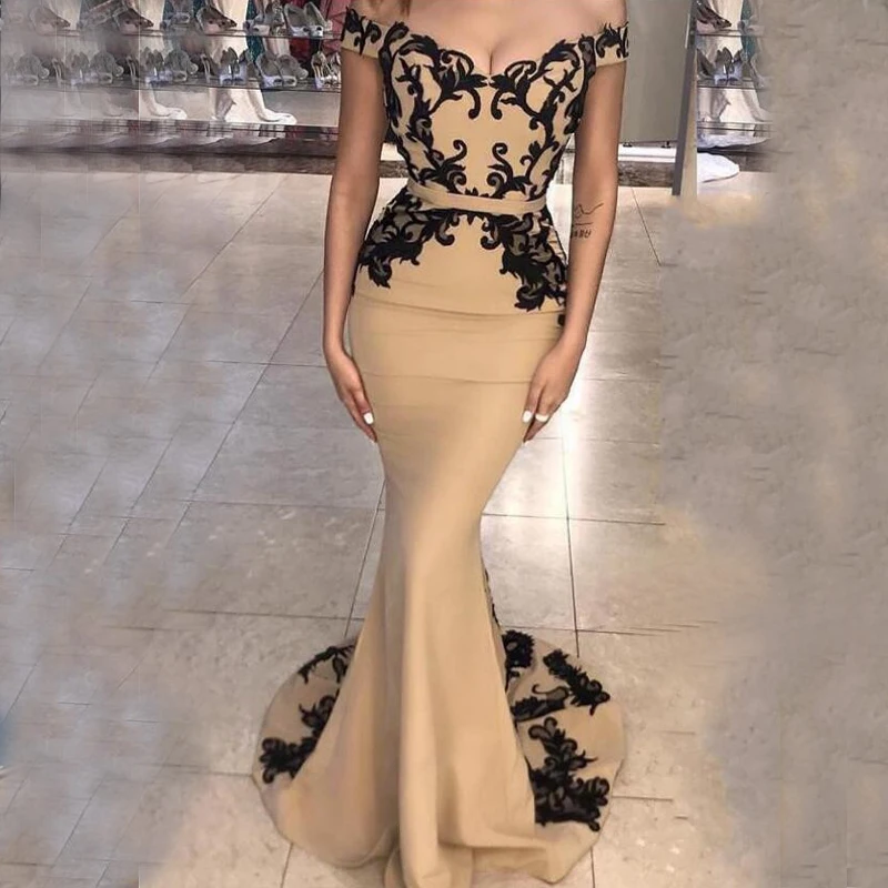 Exquisite Stretch Satin Off-the-shoulder Neckline Floor-length Mermaid Evening Dresses With Belt & Lace Appliques 1