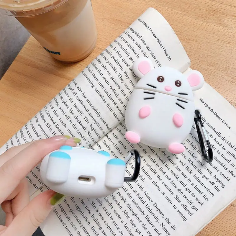 Cute Mouse Pattern Protective Case Silicone Cover with Carabiner for Airpods 1/2 for smart watch