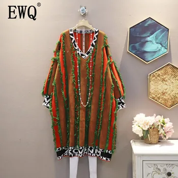 

[EWQ] 2020 Spring Autumn New Full Sleeve V-collar Tassel Hit Color Large Size Loose Wild Women's Fashion High Street Dress TU361
