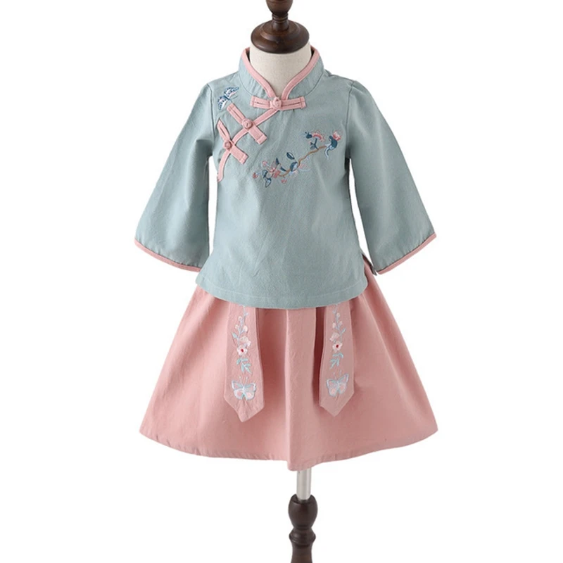 Вышитая одежда для девочек, национальная детская одежда, костюм ханьфу для девочек, китайский костюм Чонсам в стиле Тан, весенне-осеннее платье для девочек