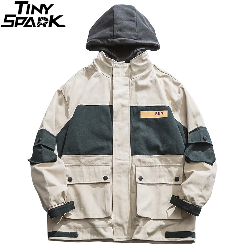 

Hip Hop Streetwear Hooded Jacket 2020 Spring Mens Harajuku Jacket Windbreaker Color Block Patchowork Track Jacket Coat Zipper
