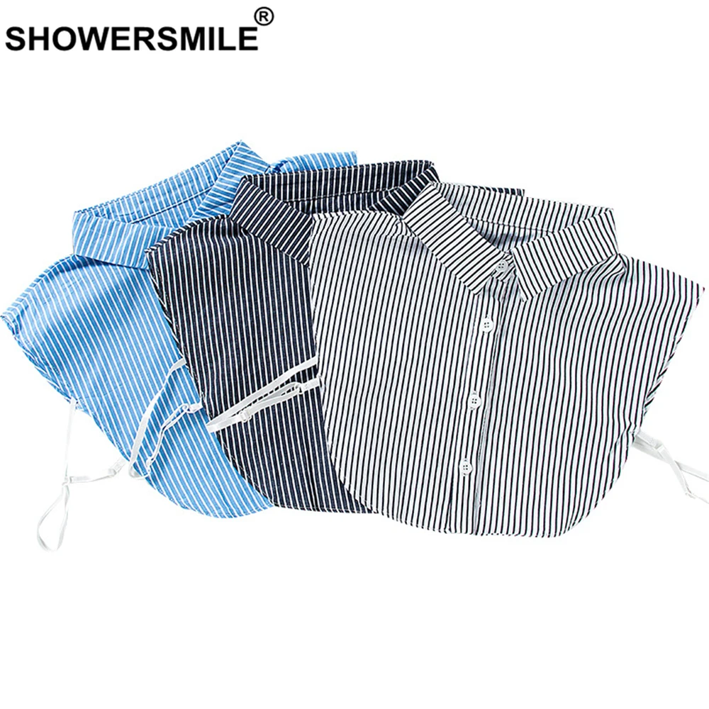 SHOWERSMILE сине белый полосатый имитационный воротник Женский хлопковый лацкан