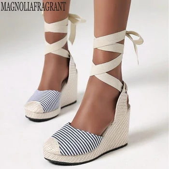 

2020 Fashion Women's Shoes Platform Lace up Summer stripe Peep toe Slope Sandals Women Loafers Shoes sandalia feminina hy456