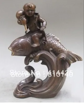 YM 312 Китай Fuwa Nezha Ride Fish дарит благословение бронзовая статуя