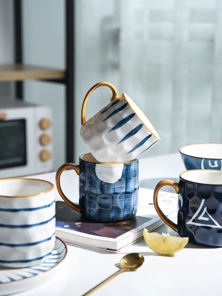Ceramic Coffee Tea Mug Gold Hand-grip Handmade Big Pottery Cup Nordic Tableware 